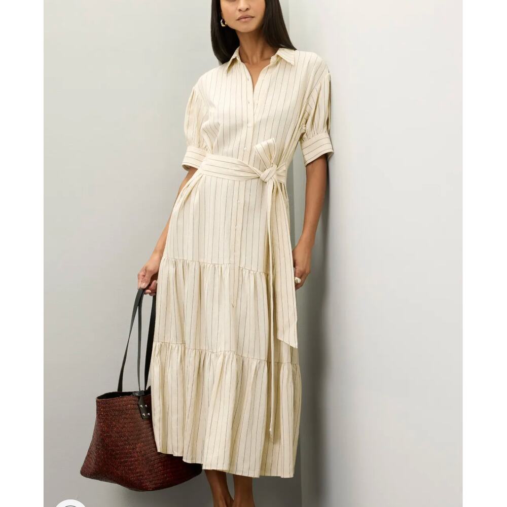Marissa Webb Cream Linen Midi Dress Size 10 Cottage Ruffle Striped Designer $400